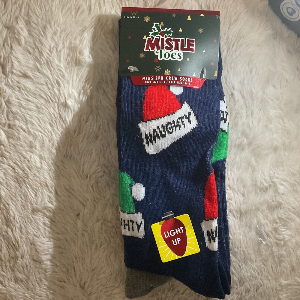 Light Up Mistle Toes Naughty & Nice Xmas Crew Socks - Brand New